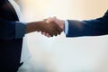 Closeup hand shake, business people and agreement in office for hiring, collaboration and thank you. Woman, businessman Royalty Free Stock Photo