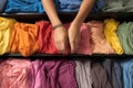 Closeup Of Hand Sorting Clothes Into Color Categories. Generative AI