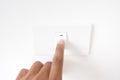 Closeup hand turn off a power button,Finger press light button,Hand with Power plug,interior electric power button in home,Concept Royalty Free Stock Photo