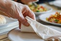 closeup of a hand unfolding a paper napkin with a meal in the background