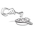 Closeup hand using fork to eat pasta illustration vector hand drawn isolated on white background line art Royalty Free Stock Photo