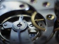 Closeup of hand watch mechanism gears under the lights