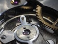 Closeup of hand watch mechanism gears under the lights