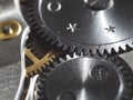 Closeup of hand watch mechanism gears under the lights