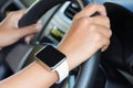 Closeup hand wear hand watch diving car Royalty Free Stock Photo