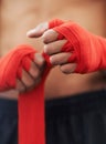 Closeup, hand and wrap for mma, protection and strength at fitness and workout studio in Thailand. Strap, fist and Royalty Free Stock Photo