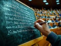 Closeup of a hand writing on a chalkboard in a lecture hall filled with students. A powerful visual metaphor for education, Royalty Free Stock Photo