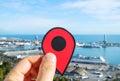 Red marker pointing the port of Barcelona, Spain Royalty Free Stock Photo