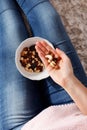 Closeup of a handful healthy snack of nuts