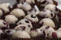 Closeup of handmade sweets of marzipan and cranberries