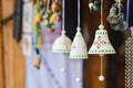 Closeup on handmade traditional ceramic jingle bells with ethnic ornament