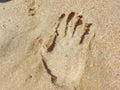Closeup of a handprint on the sand in the beach