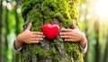 Child Hugging a Tree Trunk with a Red Heart in the Green Forest - Generative Ai