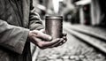 Closeup on hands of beggar holdingrusty can, out of focus perspective of street