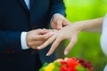 Closeup of hands of bridal unrecognizable couple with wedding rings. bride holds wedding bouquet of flowers. Royalty Free Stock Photo