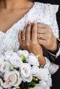 Closeup of hands of bride and groom with wedding rings just after ceremony on Wedding day