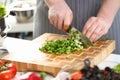 Closeup of hands of cook holding knife for cutting green onions