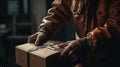 Closeup hands of delivery man holding package to deliver. Courier hand holding brown box isolated. AI generated Royalty Free Stock Photo