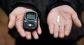 Closeup, hands and equipment for diabetes check, glucose and test for blood and health analysis. Healthcare, digital and