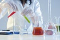 Closeup of Hands of Female Laboratory Staff Working With Liquids Specimens in Flasks in Laboratory Royalty Free Stock Photo