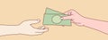 Closeup hands giving cash money simple korean style illustration