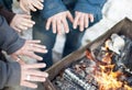 Closeup of Hands of The Group of People Standing Together Near Bonfire Royalty Free Stock Photo