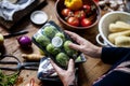 Closeup of hands holding brussels sprouts Royalty Free Stock Photo