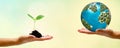 Closeup hands holding earth draw with chalk. World harmony green peace environment earth day together concept banner. Panoramic Royalty Free Stock Photo