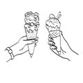 Closeup hands holding melting ice cream waffle cone illustration vector hand drawn isolated on white background line art