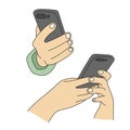 closeup Hands holding mobile phone illustration vector hand drawn with black lines Royalty Free Stock Photo