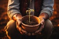 Closeup hands holding young plant, earth day and save environment concept. Generative AI