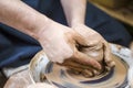 Closeup of Hands of Male Potter Working with Clay Lump on Potter`s Wheel Royalty Free Stock Photo