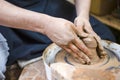 Closeup of Hands of Male Potter Working with Clay Lump on Potter`s Wheel in Workshop. Royalty Free Stock Photo