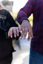 Closeup of hands of a newly married caucasian couple.