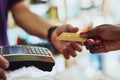 Closeup, hands and payment with machine, credit card and transaction in a store, shopping and buying. Female customer