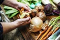 Closeup of hands peeling onion