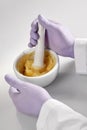 Closeup of the hands of a pharmacist or scientist, holding a mortar and pestle and wearing rubber gloves,pharmacist mixing medicin Royalty Free Stock Photo