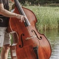 Closeup of hands play on a double bass / contrabass outdoors Royalty Free Stock Photo