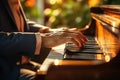 Closeup of Hands Playing Piano Outdoors, Bokeh Lights Adorn the Background with Musical Brilliance. created with Generative AI
