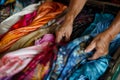closeup of hands rifling through a bin of silk scarves