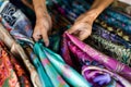 closeup of hands rifling through a bin of silk scarves