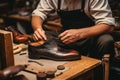 Closeup hands of shoemaker repairing shoes in workshop. Generative AI