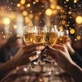 hands toasting with champagne glasses at party against glittering background with confetti, AI Generated Royalty Free Stock Photo