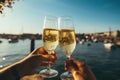 hands toasting with champagne glasses at party against glittering background with confetti, AI Generated Royalty Free Stock Photo