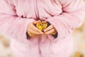 Closeup of hands of toddler girl picking chestnuts in a park on autumn day. Child having fun with searching chestnut and Royalty Free Stock Photo