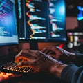 Closeup of hands typing code on a backlit keyboard with multiple monitors displaying code, highlighting software development and Royalty Free Stock Photo