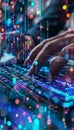 Closeup of hands typing on keyboard with digital hologram screen, software development concept