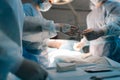 Closeup hands of unrecognizable nurse assists surgeons, giving surgical clamp with tampon during surgical operation Royalty Free Stock Photo