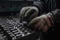 Closeup of the hands of a welder working on a lathe. A closeup view of factory laborer hands in action, AI Generated Royalty Free Stock Photo