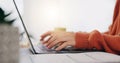 Closeup, hands and woman with laptop, typing and planning for new project, deadline and creativity. Zoom, female Royalty Free Stock Photo